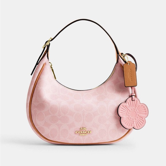 Coach Handbags - NWT Coach Pink Signature Canvas Hobo Shoulder Bag CDW86 with Flower Charm